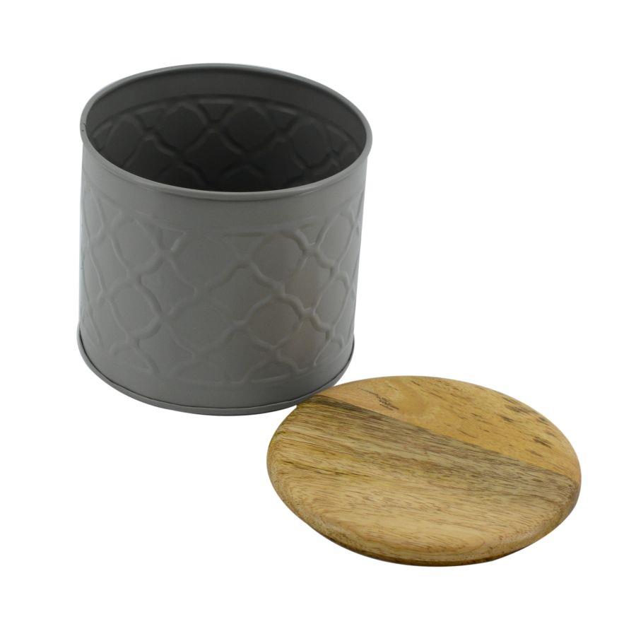 Barattolo metallo tappo legno grigio cmø15h14