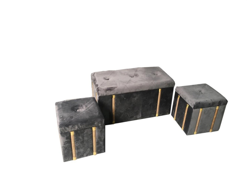 Trunk with 2 gray velvet puffs cm80x40h44
