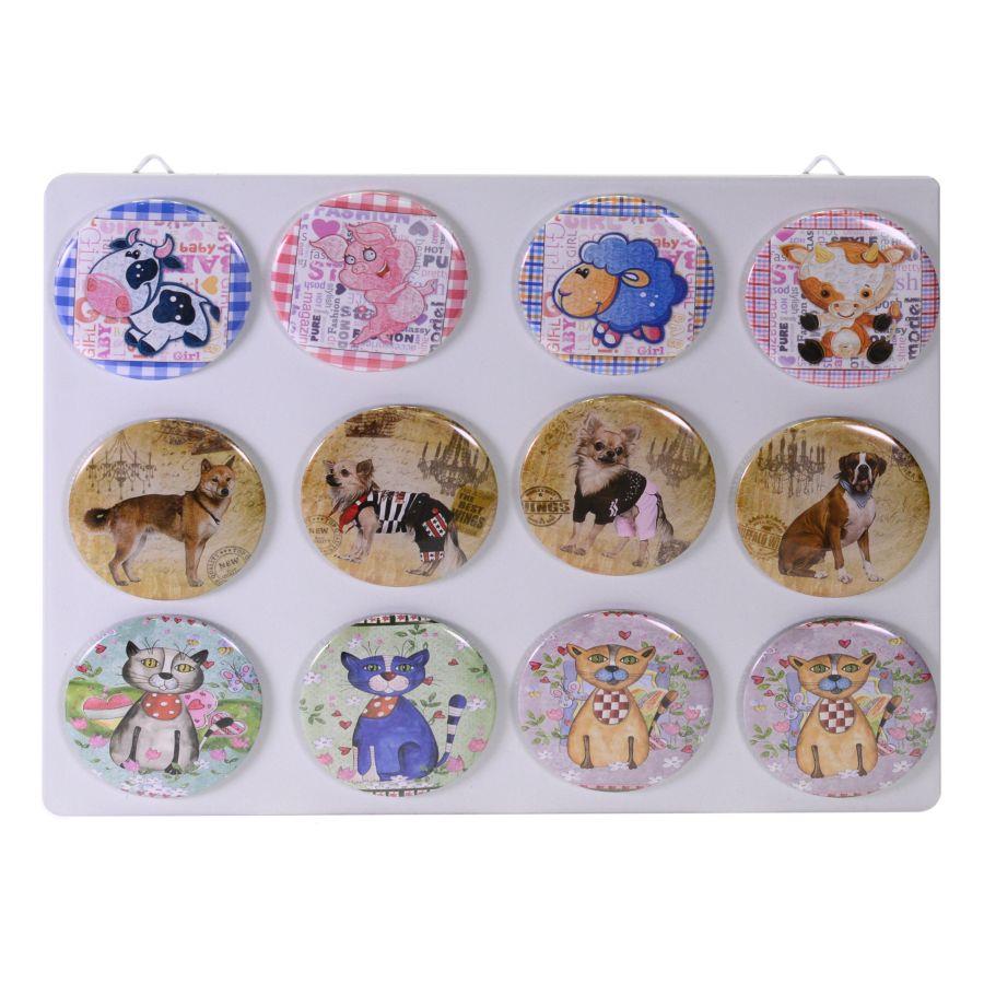 Metal magnet set 12 pieces ass animals with display cmø7,3