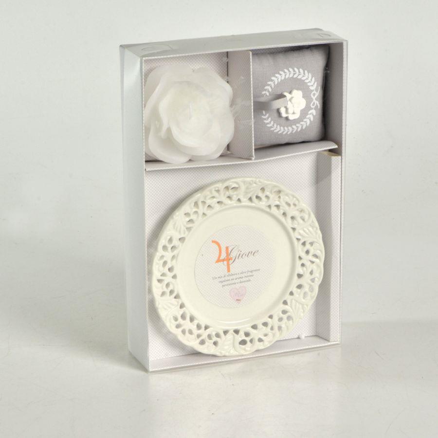 Candela c/piattino rosa giove elleboro&amp;fiori cm26x17h4,5 - 8 ore