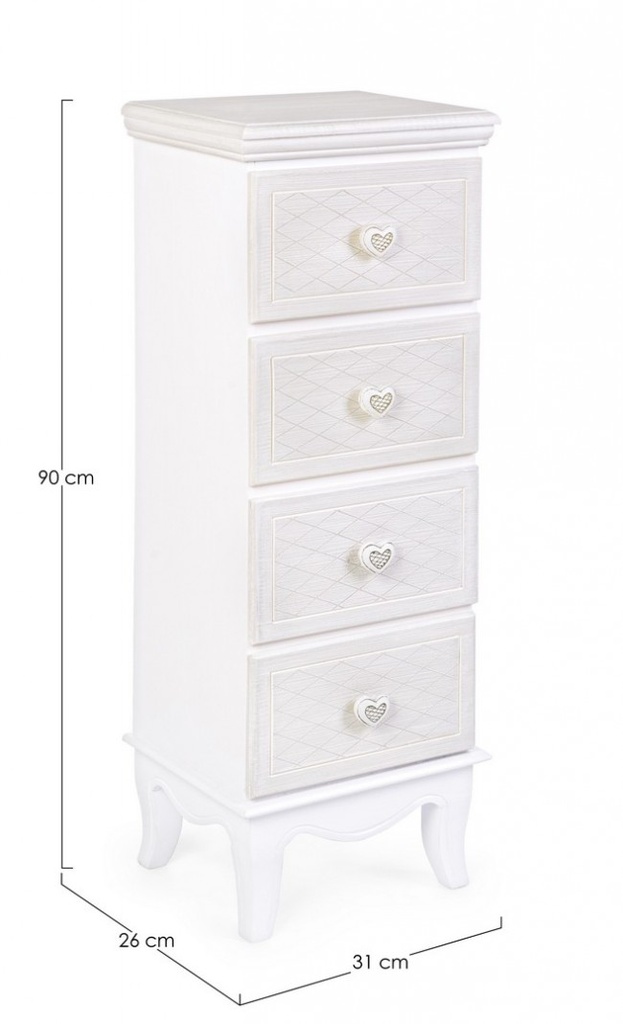 Cassettiera da camera in MDF quattro cassetti Bianca CHARLENE 31x26x h90 cm