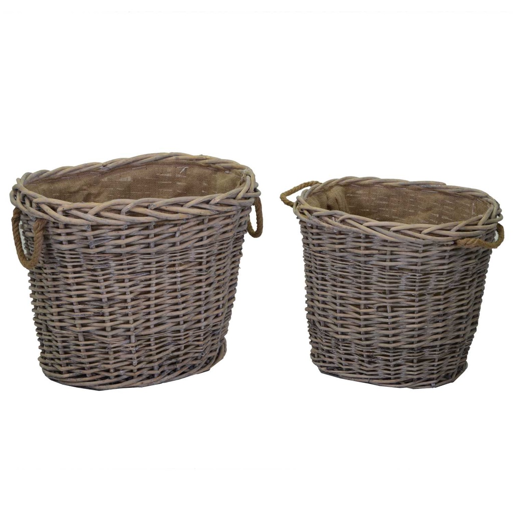 Oval wicker firewood basket with 1-2 handles lined with natural jute cm57x46h46