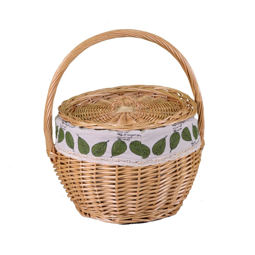 Wicker basket with lining and round natural lid cmø32h38