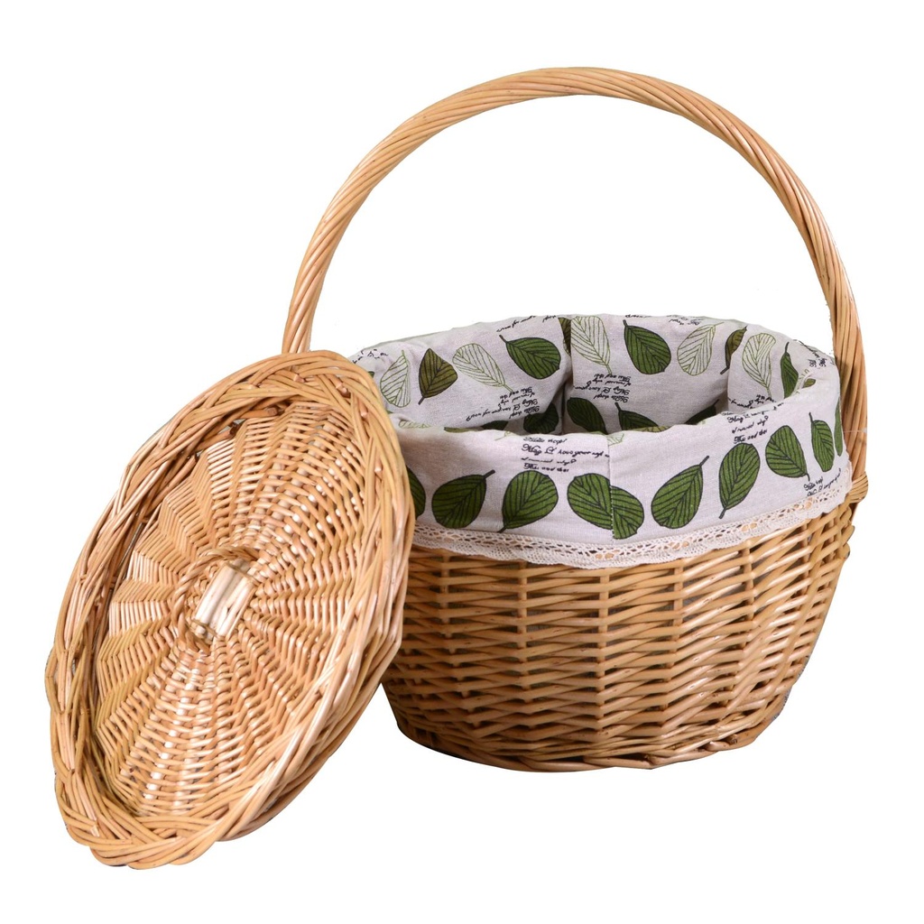 Wicker basket with lining and round natural lid cmø32h38