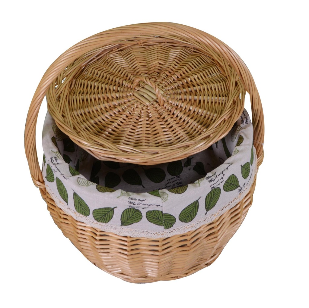 Wicker basket with lining and round natural lid cmø32h38