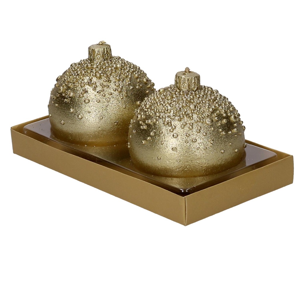 Confezione 2 pezzi candela paraffina sfera con bolle oro cm ø7,5h7,5