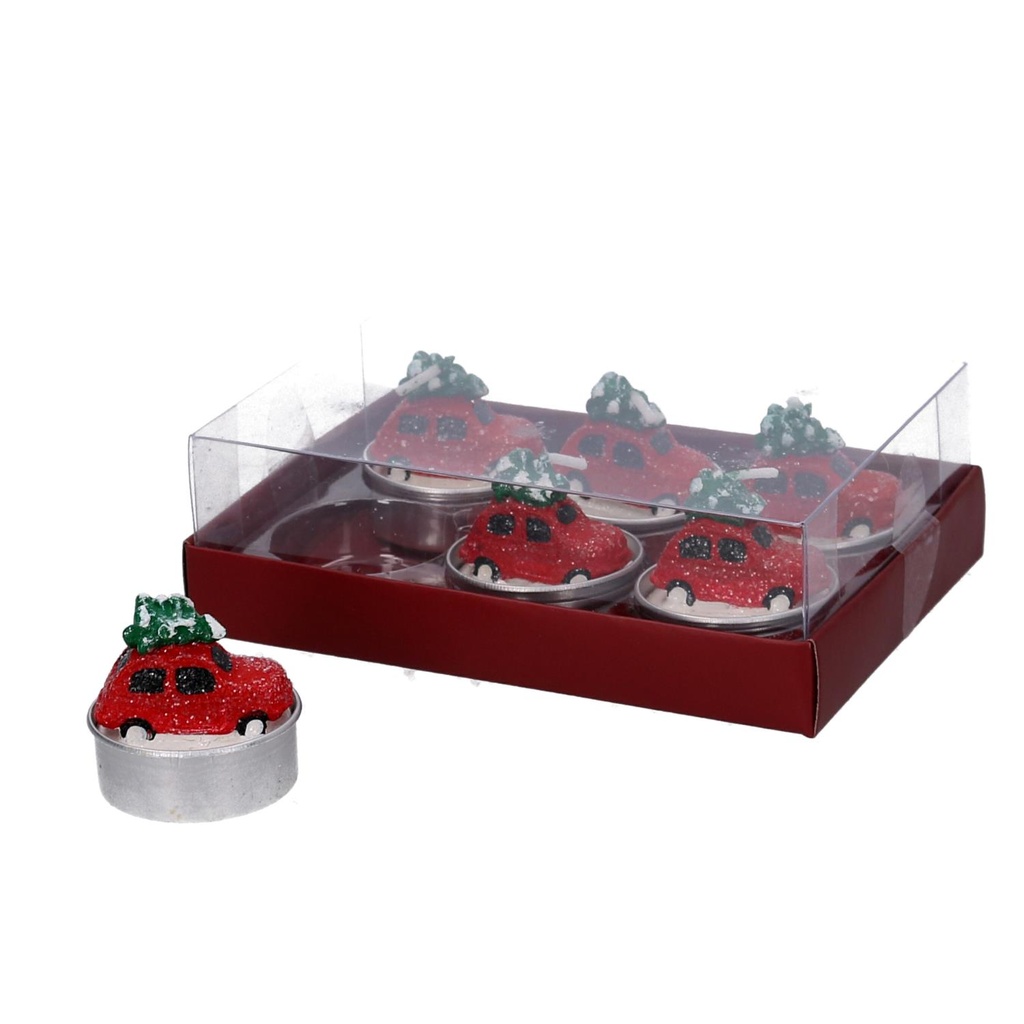 Confezione 6 pezzi candela paraffina macchina con albero innevato rosso cm