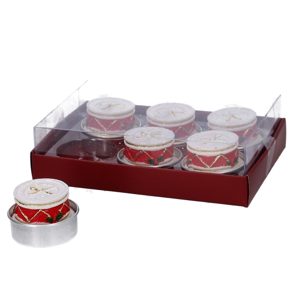 Confezione 6 pezzi candela paraffina tamburo bianco rosso cm