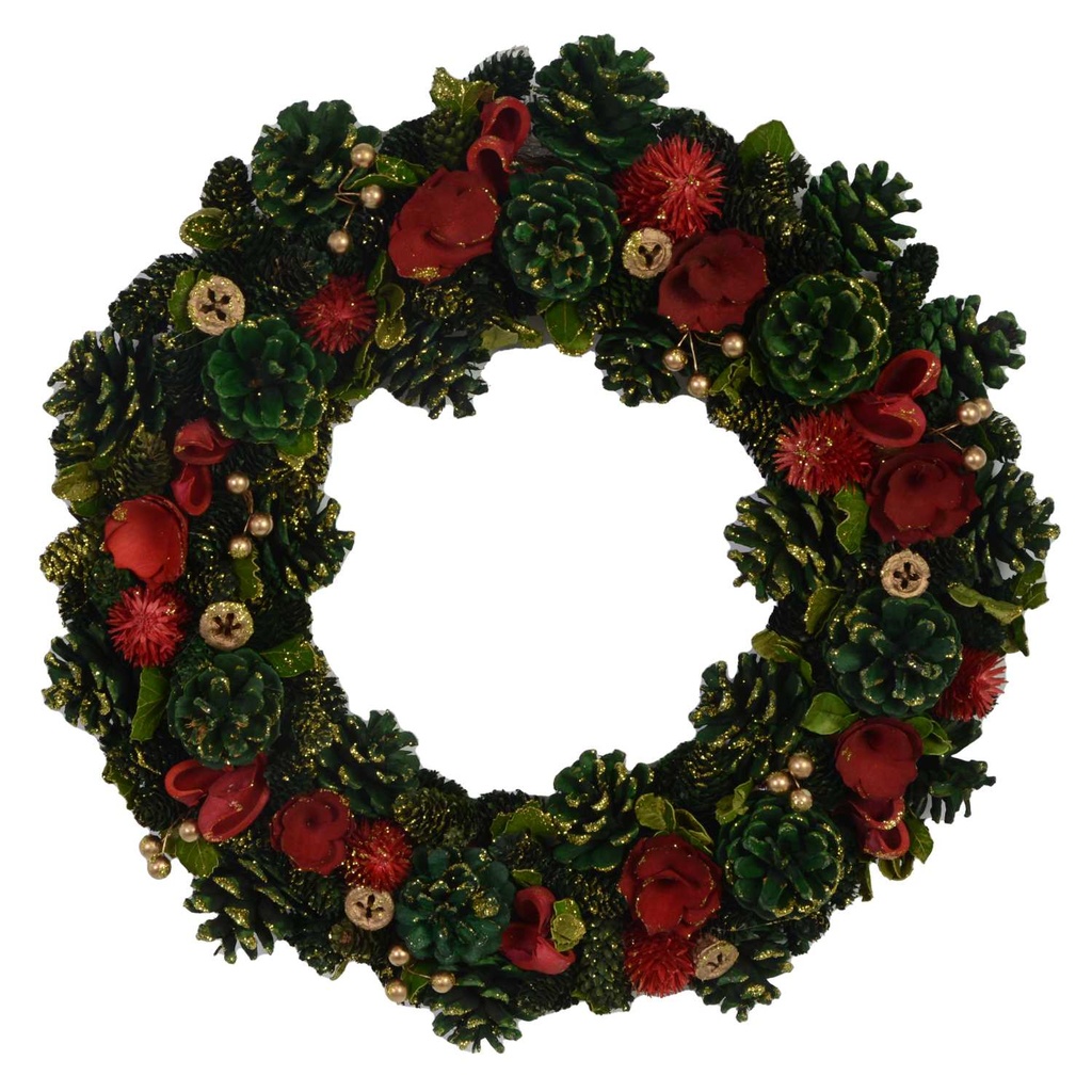 Crown with red flowers and green pine conescm ø45h8