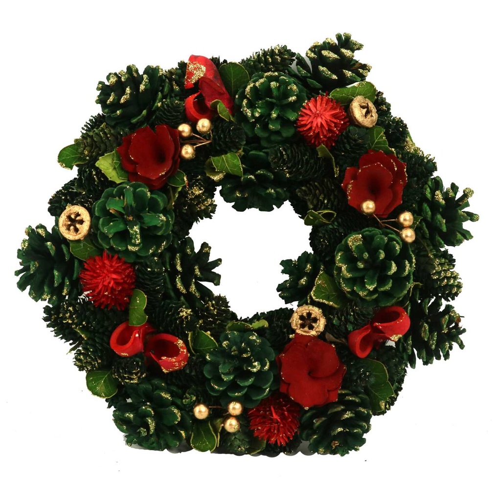 Crown with red flowers and green pinecones ø30h8 cm