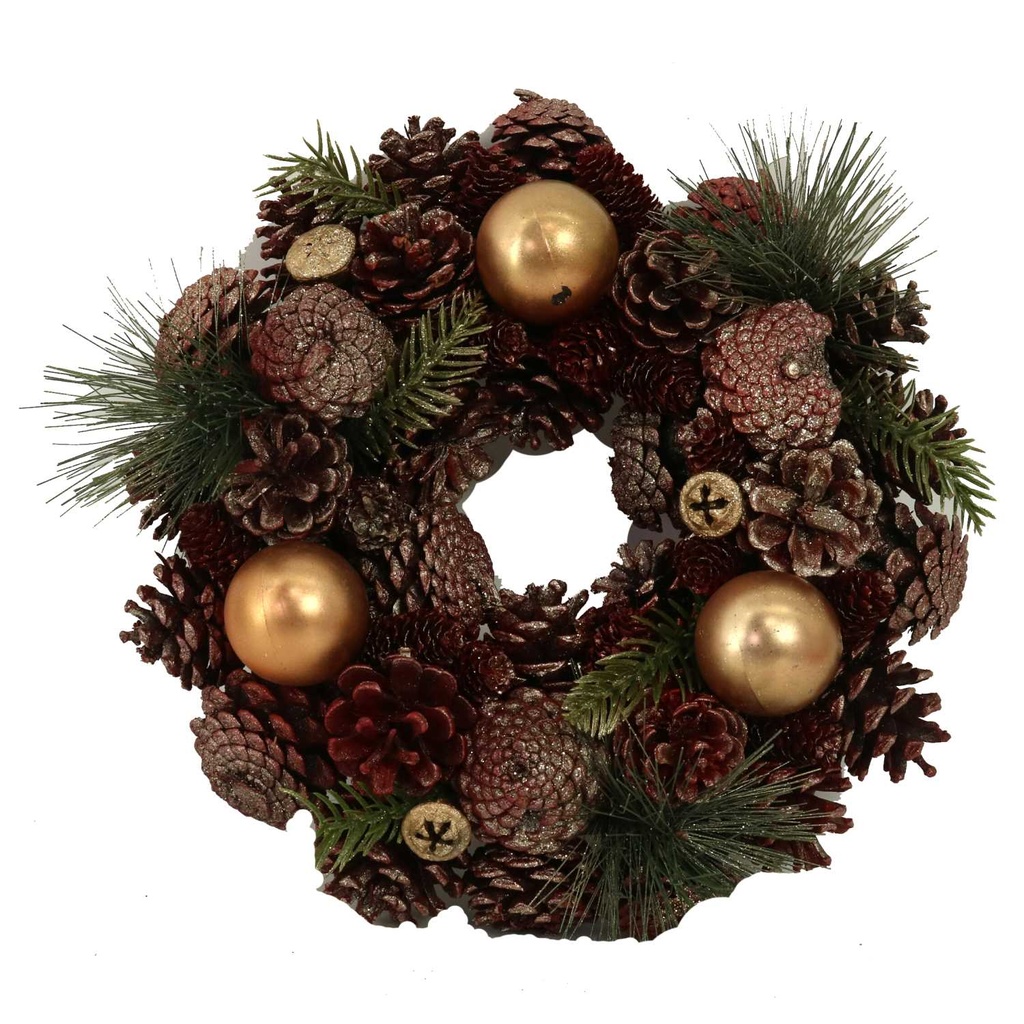 Crown with gold balls and amaranth pine cones ø30h8,5 cm