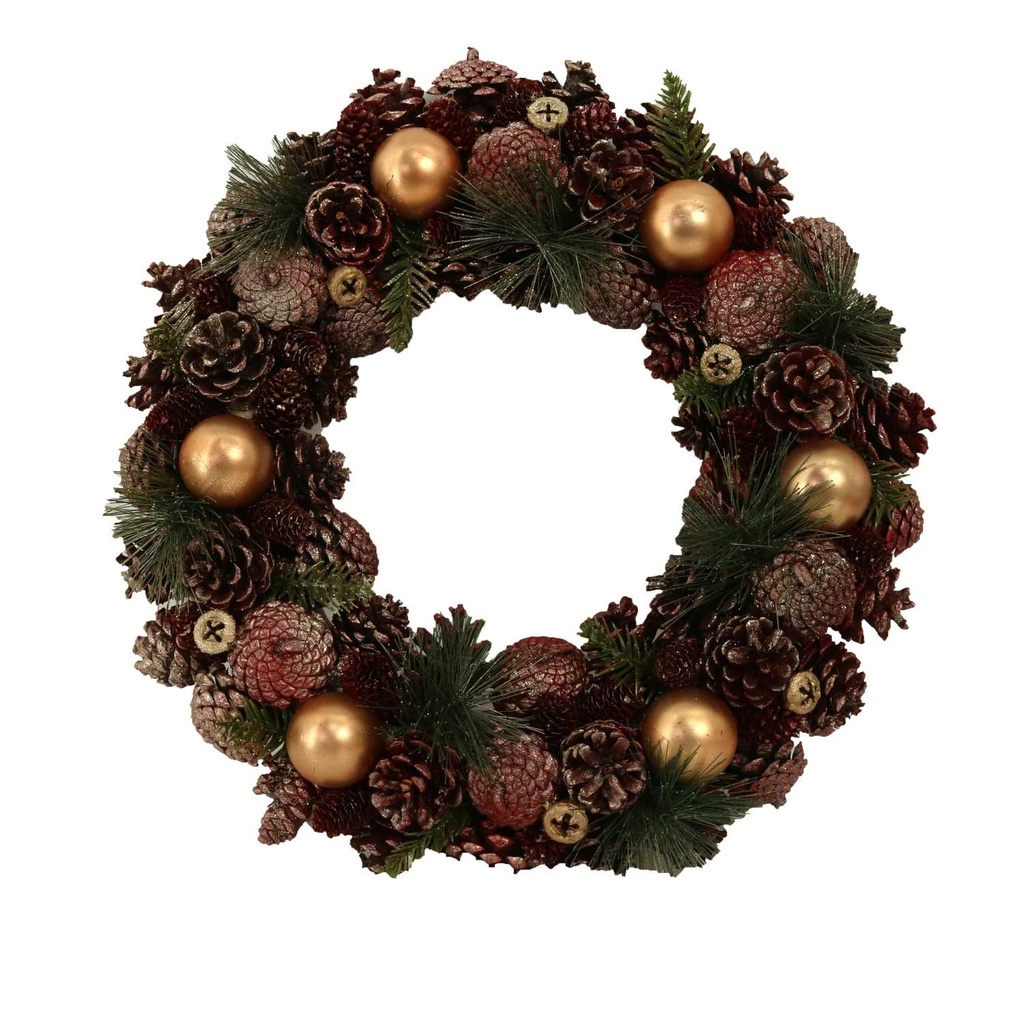 Crown with gold balls and amaranth pine cones ø45h8,5 cm