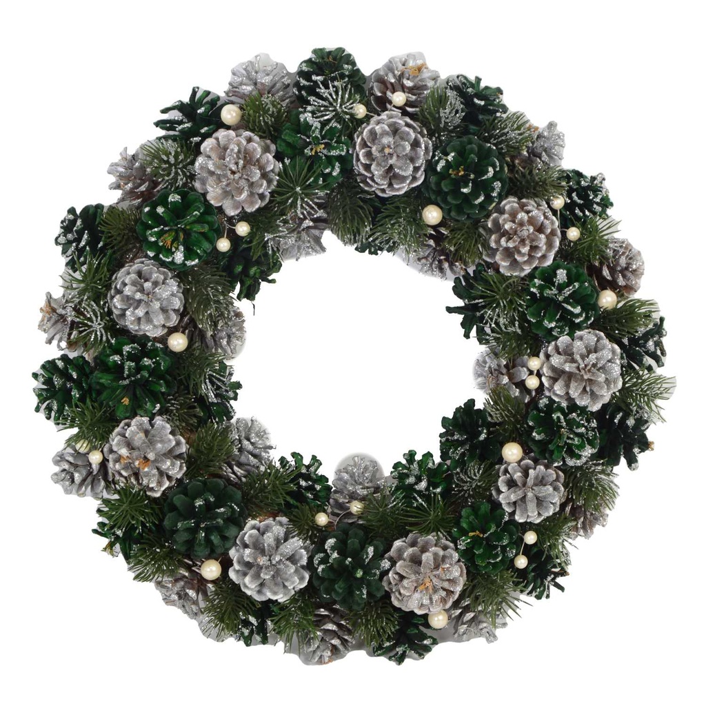 Crown with green silver pine cones cm ø30