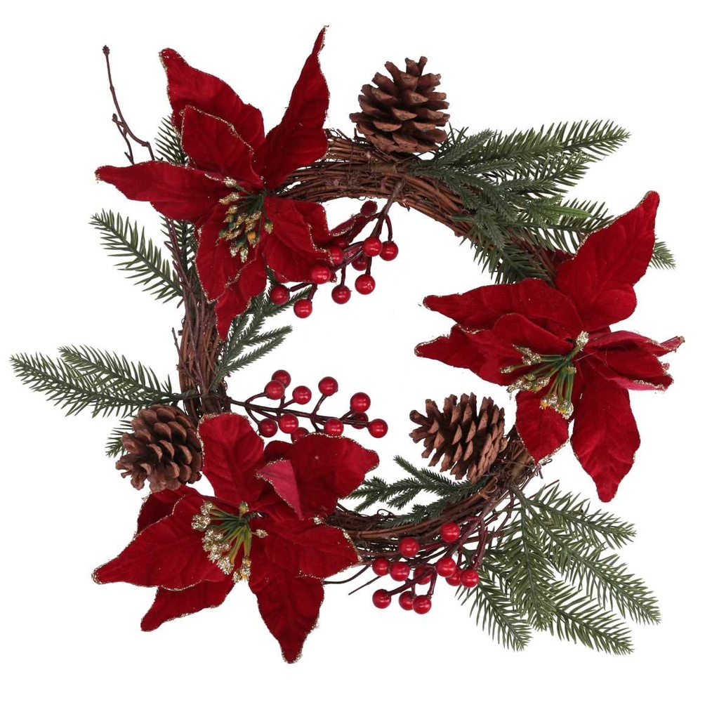 Coroncina fiori pigne rosso oro tondo cmø50x10