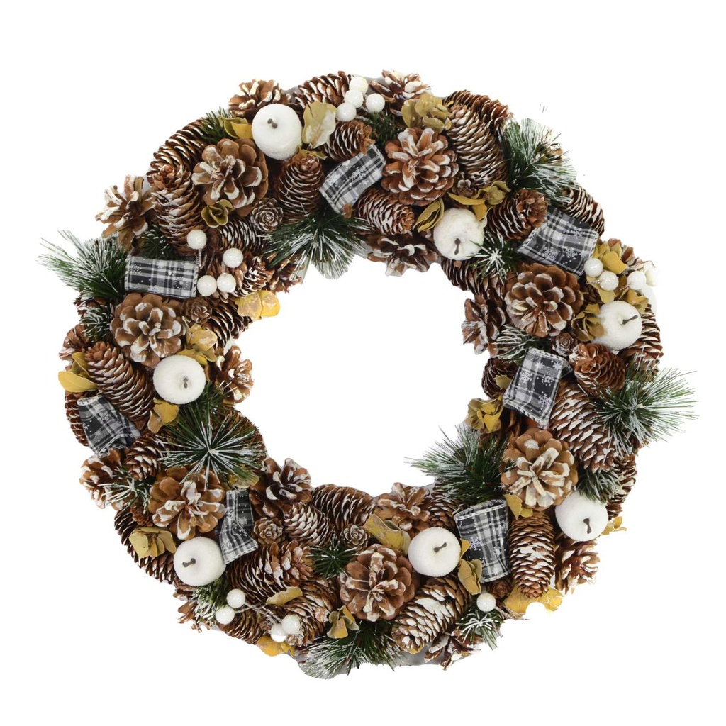 Snowy crown with white apples and pine cones cm ø30h