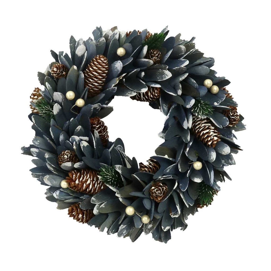 Snowy crown with pine cones and blue leaves ø30h8,5 cm