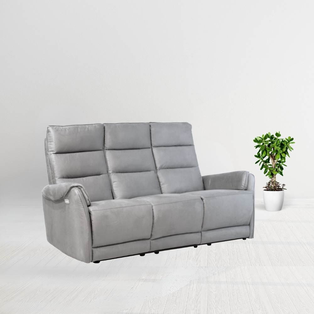 Divano 3 posti con 2 recliner elettrici in nabuk grigio chiaro  187 x 98 x 109 cm