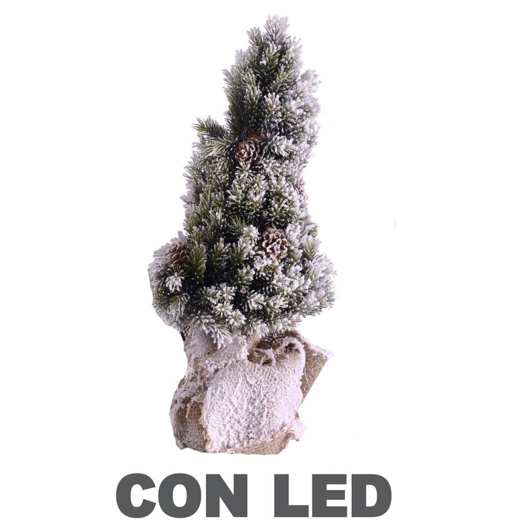Albero innevato con led, pigne e base in juta - 45 cm di altezza