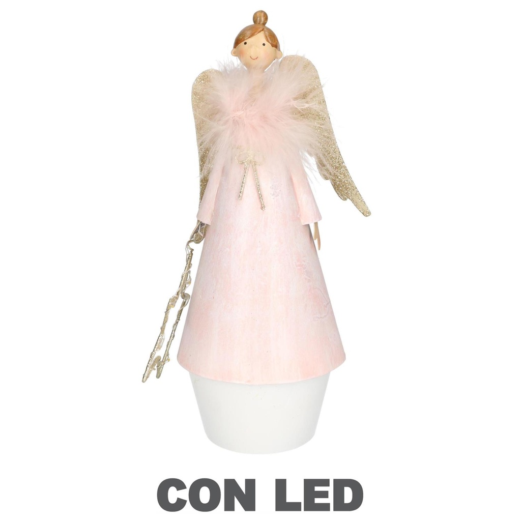 Angelo Rosa in Metallo con LED e Stella 10x10x24 cm