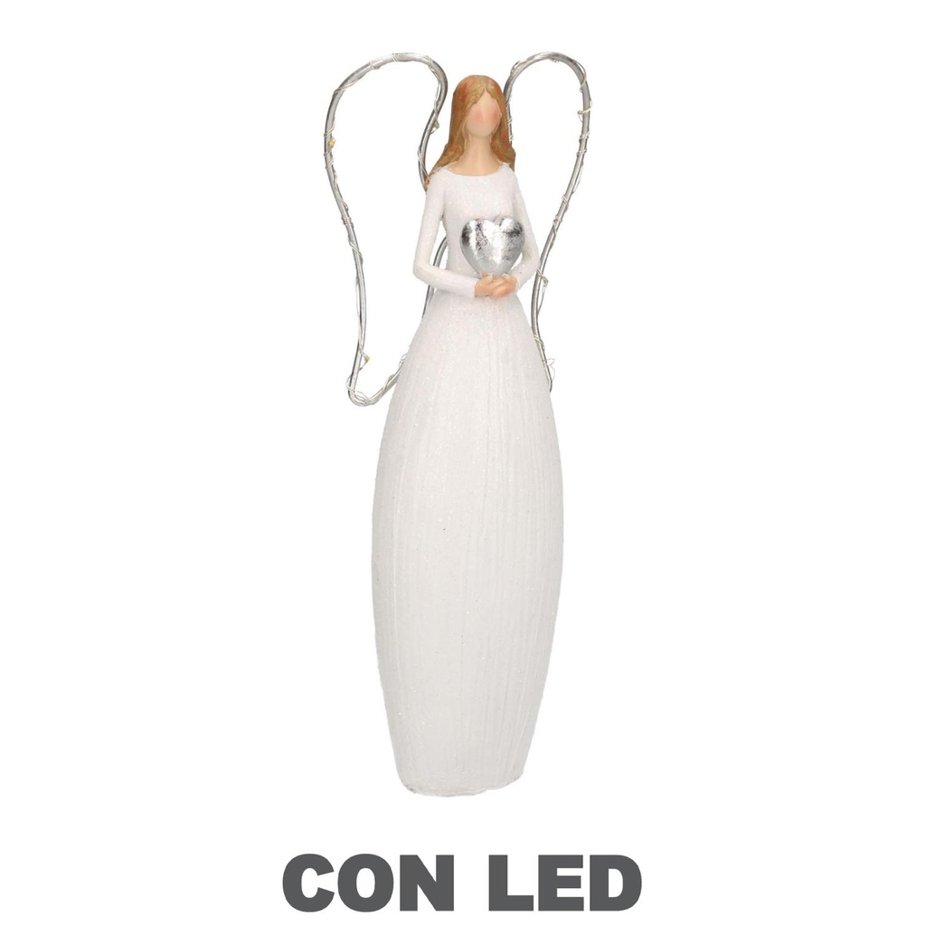 Angelo in Resina Bianco con LED e Cuore 10x5x24 cm