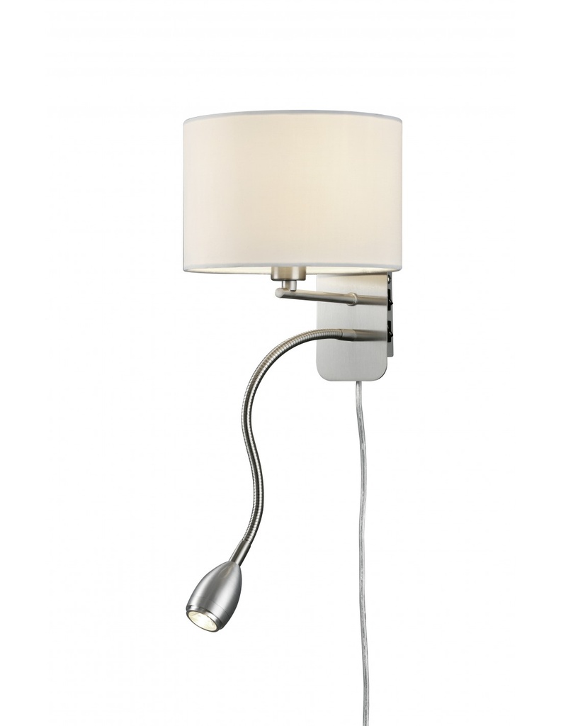 Applique Hotel Nichel E Paralume Rotondo Tessuto Bianco Con Luce Lettura L20 cm Trio Lighting