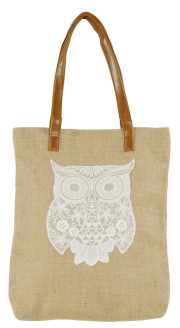 Borsa in iuta con decorazione gufo, 28x9x37 cm