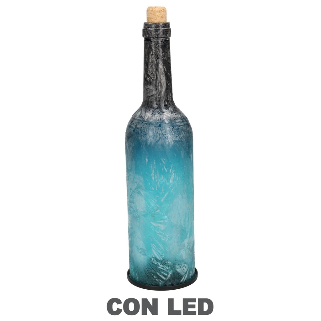 Bottiglia Vetro Blu Pavone con LED Tondo 8x8x29 cm