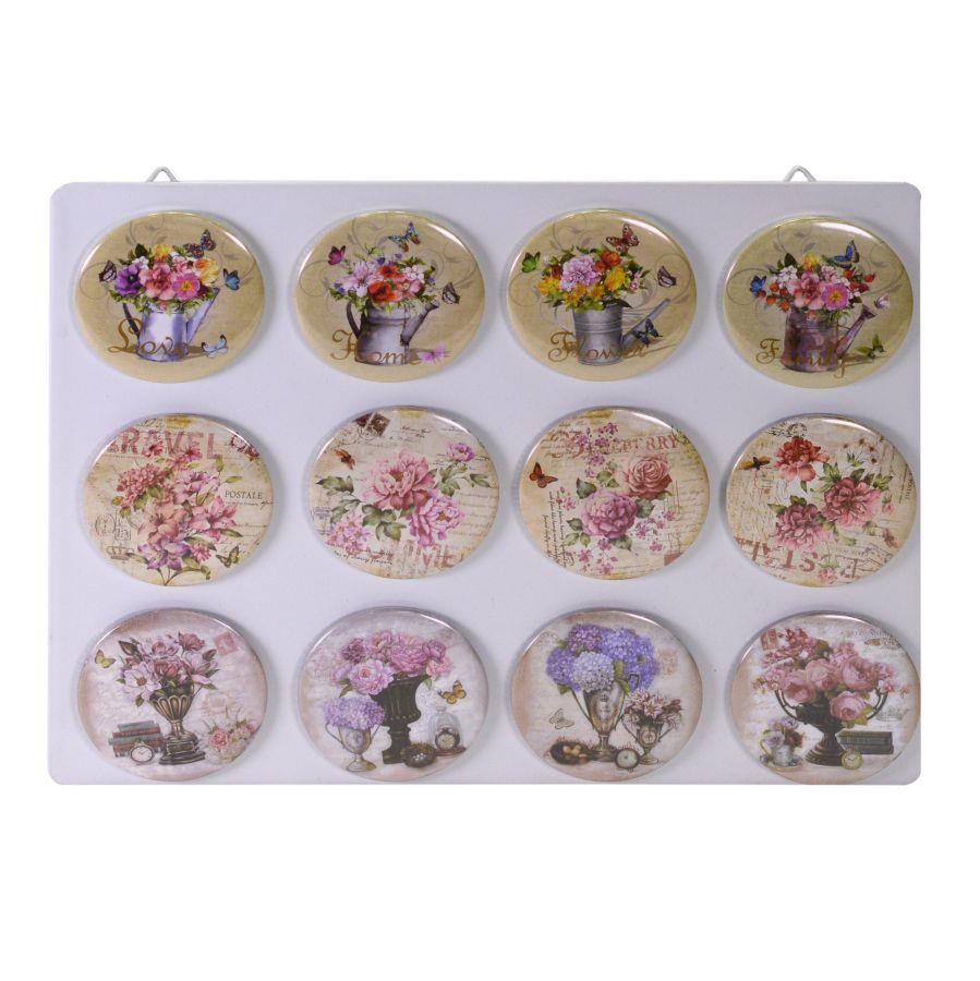 Set di 12 calamite in metallo assortite con espositore fioric cmø7,3