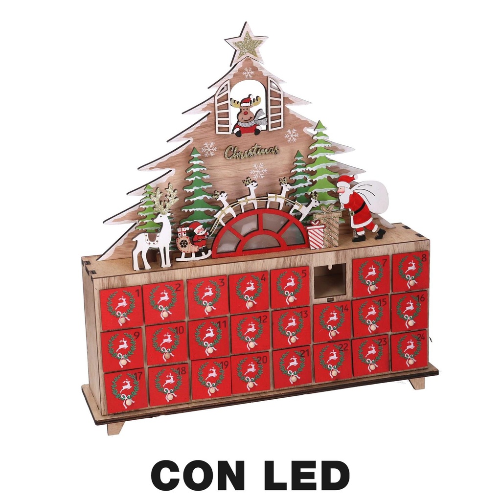 Calendario in legno con albero rosso e luci a led, 31x8x34,5 cm