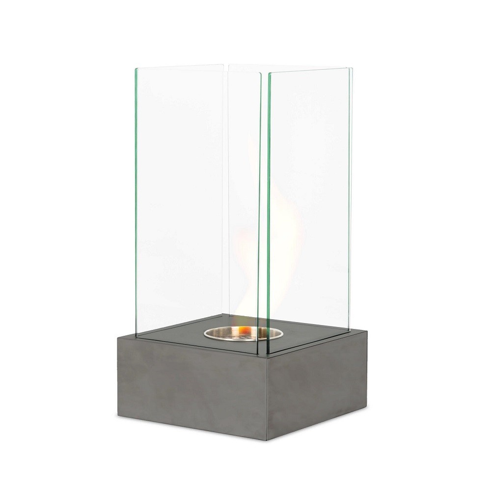 Caminetto al bioetanolo moderno grigio goffrato, da appoggio, con struttura in acciaio satinato e vetro temperato, 25x25x65