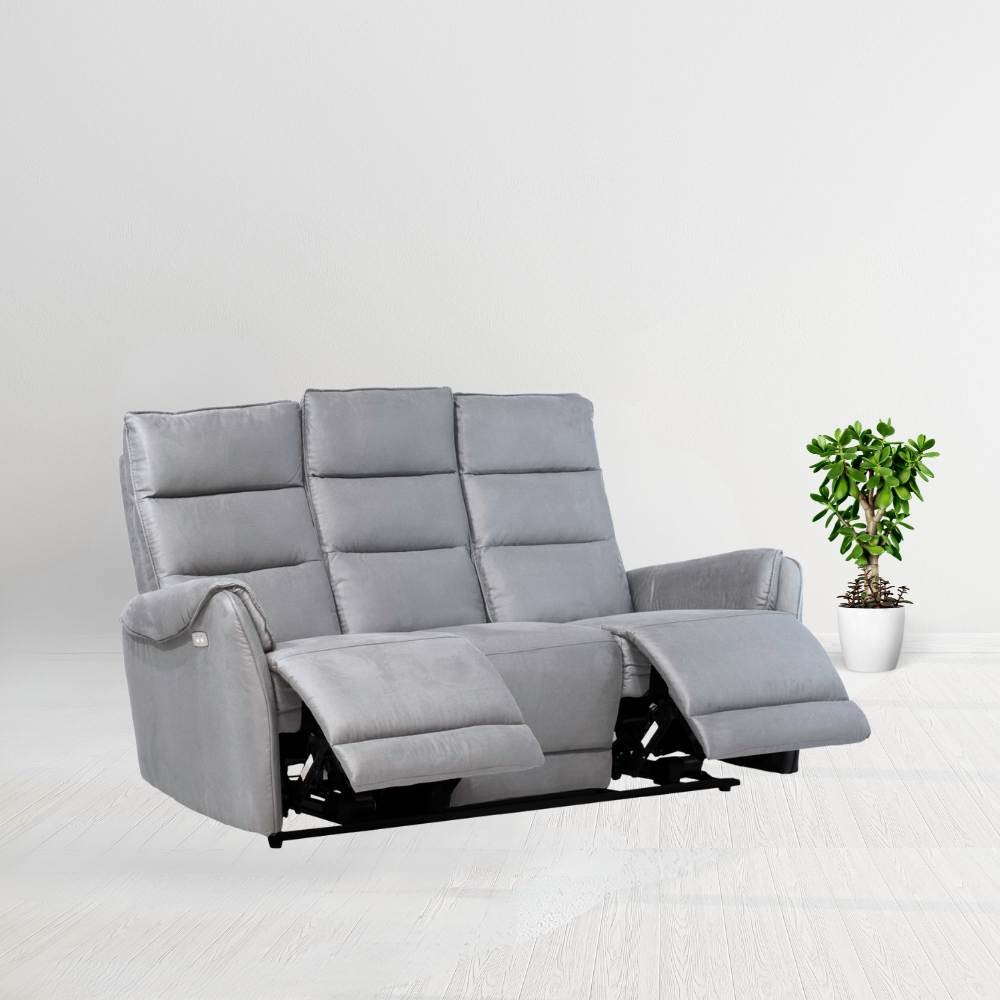 Divano 3 posti con 2 recliner elettrici in nabuk grigio chiaro  187 x 98 x 109 cm