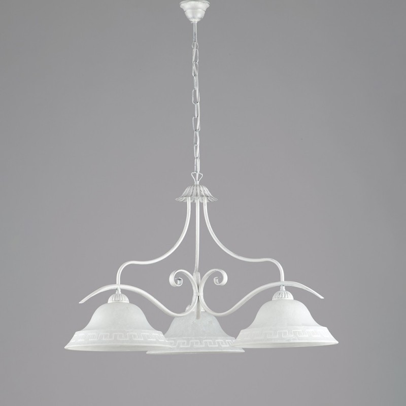 Lampadario classico in ferro Bianco Argento vetri Bianchi tre luci 30x h53 cm