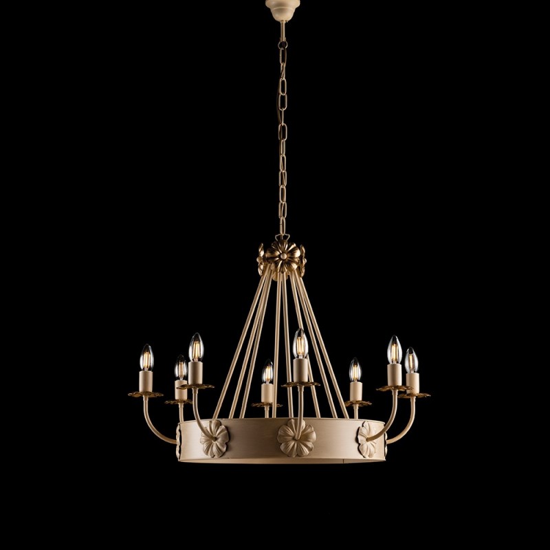 Lampadario ferro Avorio Decape rifinitura Oro impero otto luci 76x h57 cm