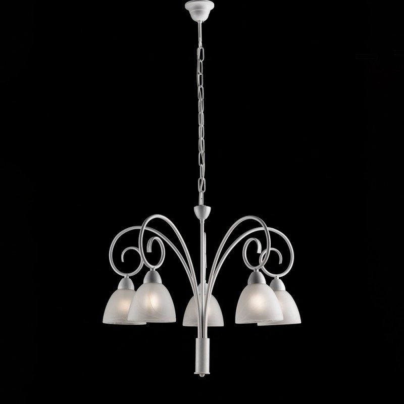 Lampadario ferro Bianco shabby paralumi vetro Alabastro Bianco cinque luci 57x h50 cm