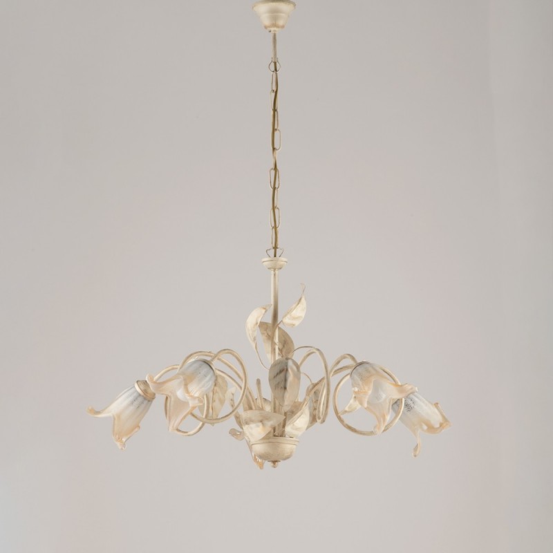 Lampadario in ferro Avorio Oro Vetri Bianchi Ambra cinque luci 73x h43 cm