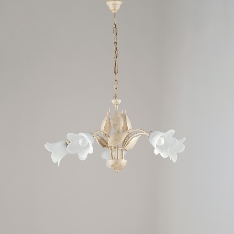 Lampadario in ferro Avorio Oro cinque luci vetri Alabastro Bianchi 68x h43 cm
