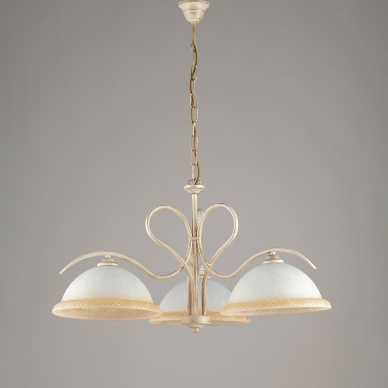 Lampadario in ferro Avorio Oro tre luci vetri Bianchi e Ambra 68x h43 cm