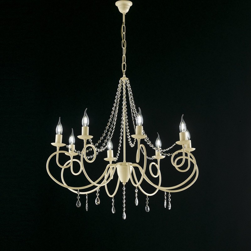 Lampadario in ferro Avorio otto luci decorazione decape e strass 80x h75 cm