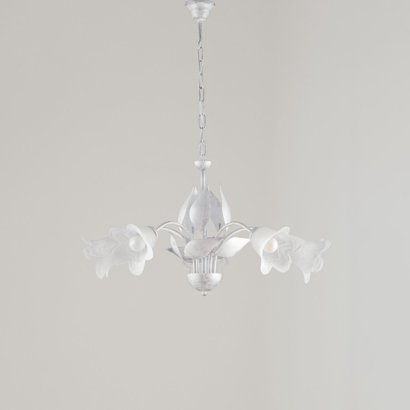 Lampadario in ferro Bianco Argento cinque luci vetri Alabastro Bianchi 68x h43 cm