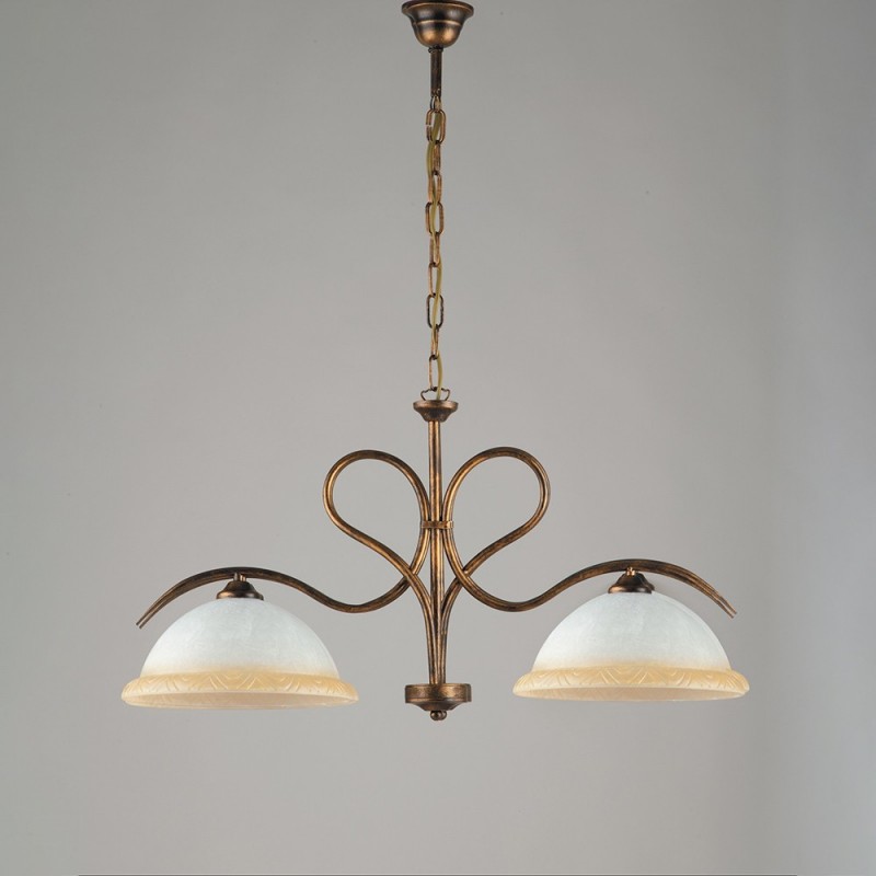 Lampadario in ferro Marrone Oro due luci vetri Bianchi e Ambra 79x h43 cm