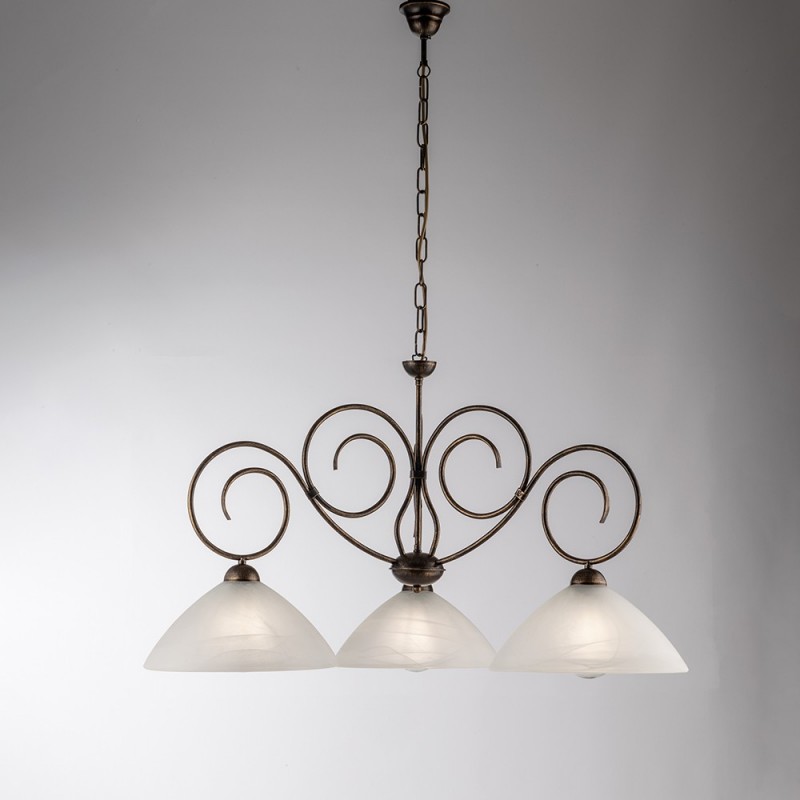 Lampadario in ferro Marrone Oro tre luci paralumi in vetro Alabastro Bianco 78x h54 cm
