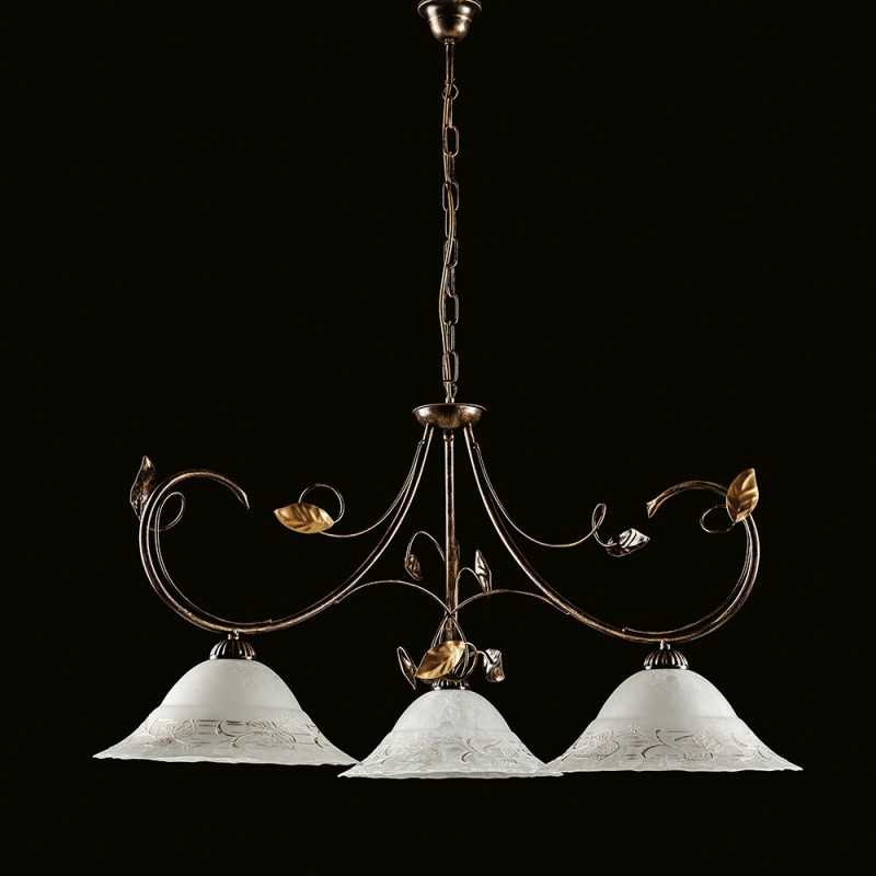 Lampadario in ferro Marrone Oro tre luci paralumi in vetro Bianco 79x h54 cm