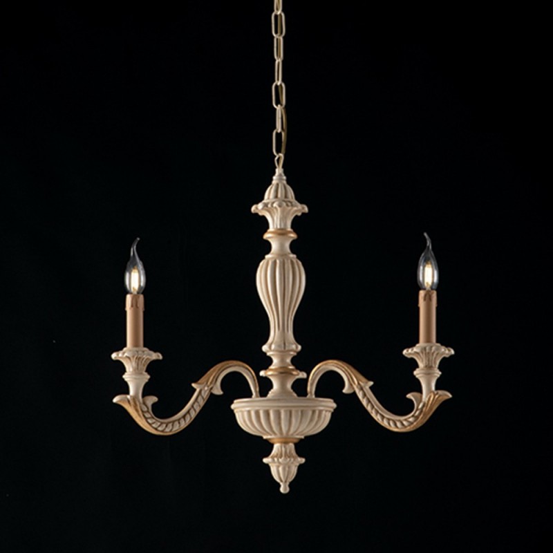 Lampadario in legno Avorio e foglia Oro tre luci 43x h57 cm