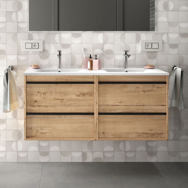 Mobile bagno sospeso Ador120 rovere ostippo doppio lavabo 4 cassetti 120x45x54h