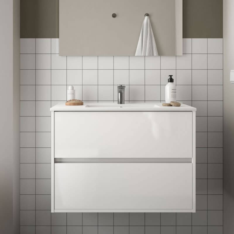 Mobile bagno sospeso Claros90 bianco laccato lucido con lavabo 2 cassetti 90x45x56h