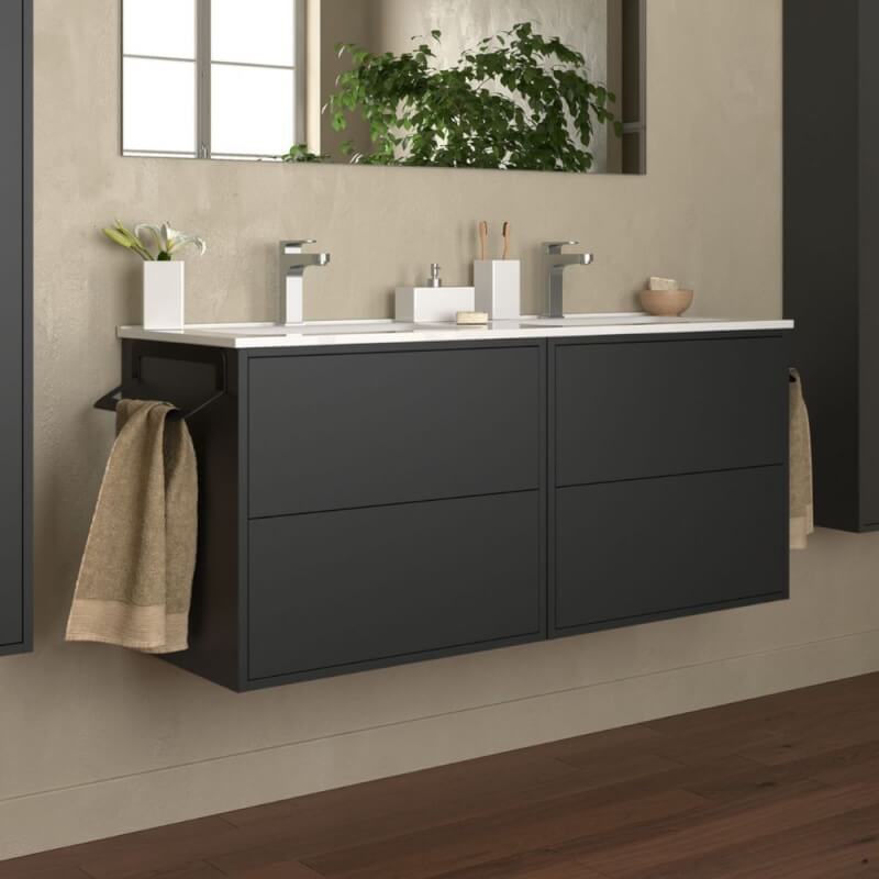 Mobile bagno sospeso Mango120 nero opaco con doppio lavabo 4 cassetti 120x45x54h