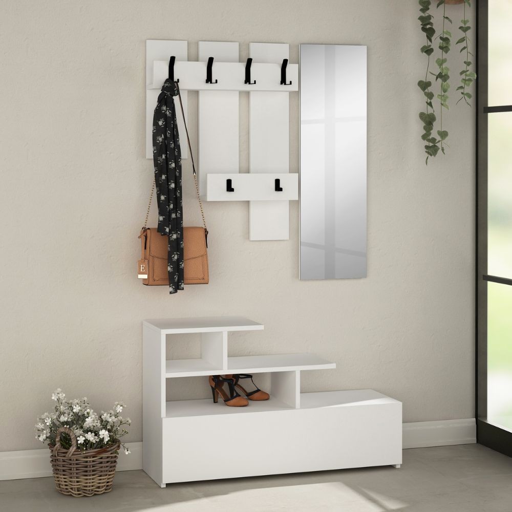 Mobile ingresso Vesty bianco con scarpiera e specchio  100x30x122 cm