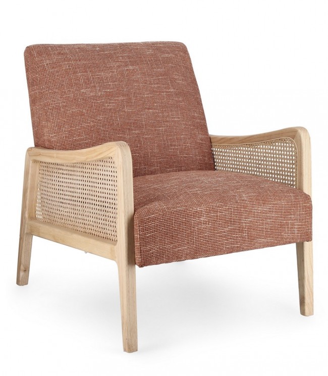 Poltrona Deanna Autumn - Design Elegante e Accogliente - Legno di Pino e Compensato - Gambe in Rubberwood - Braccioli in Rattan - Rivestimento in Poliestere - Imbottitura in Schiuma di Poliuretano - Dimensioni: 67,5x82x83 cm