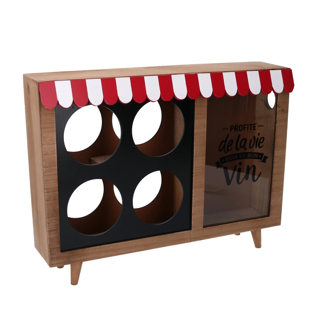 Portabottiglie in legno per 4 bottiglie con portatappi bistrot rettangolare 38x25x8 cm