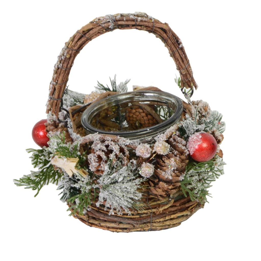 Portacandele innevato con manico e bacche rosse ø16h11-27 cm